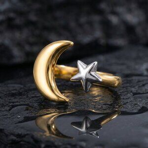 Mixed Metal Celestial Moon Star Open Adjustable Ring 316L Stainless Steel Gold